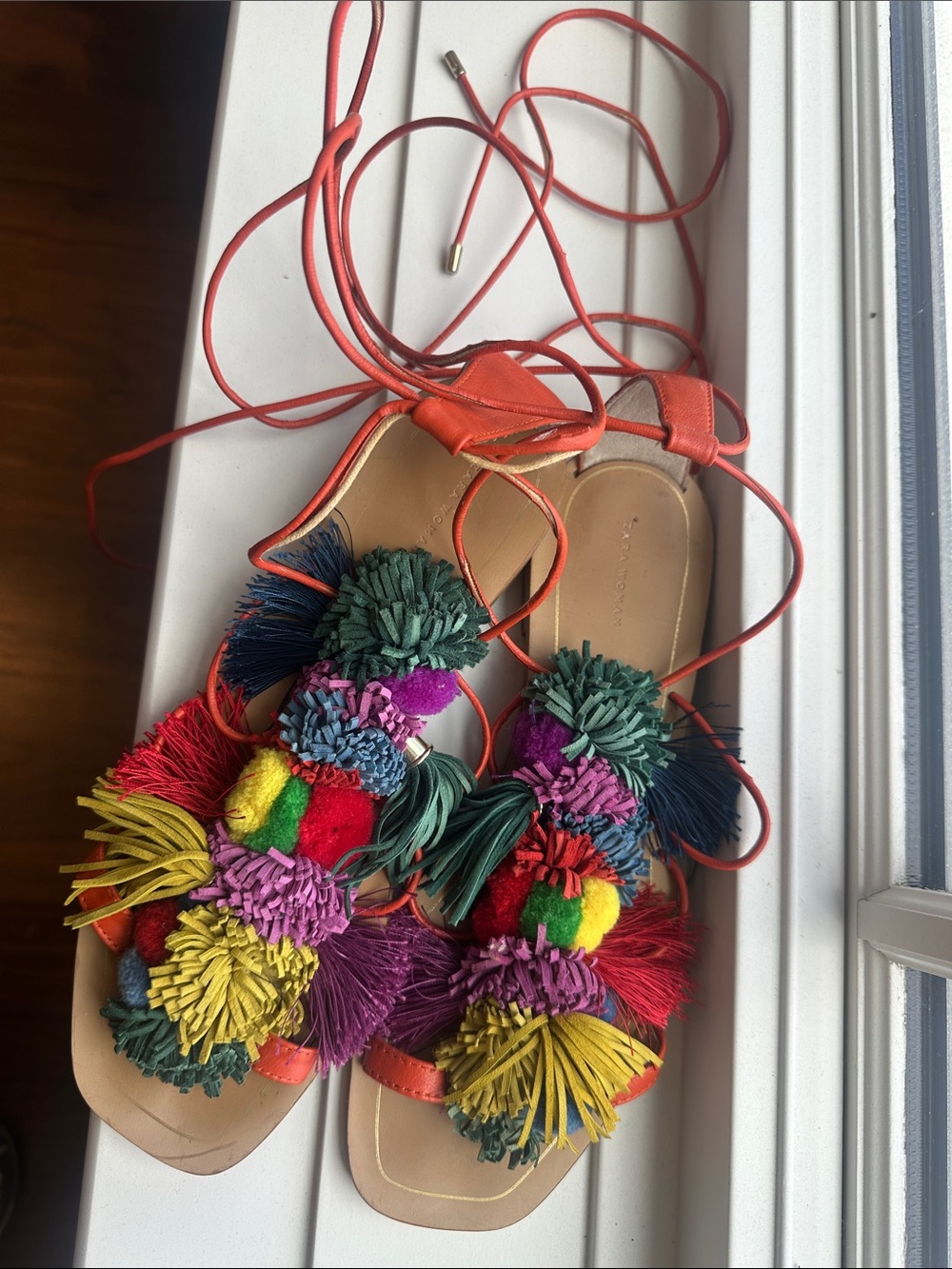 Zara Colorful Pom Pom Tassel Lace Up Open Toe Sandals (Size 38) - Picture 7 of 7